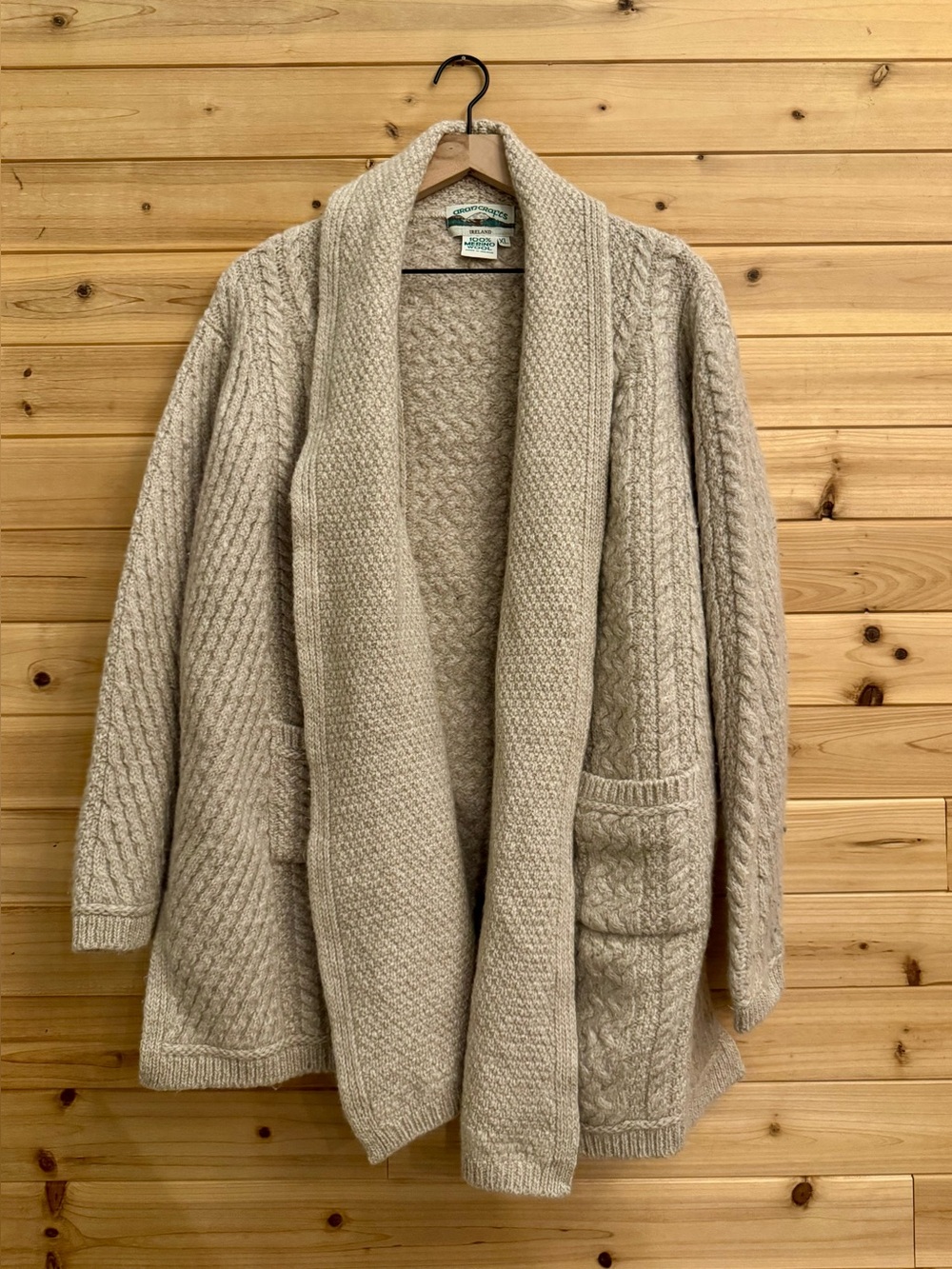 Aran Crafts XL Cream Merino Wool Cable Knit Open Front Cardigan Ireland Cozy